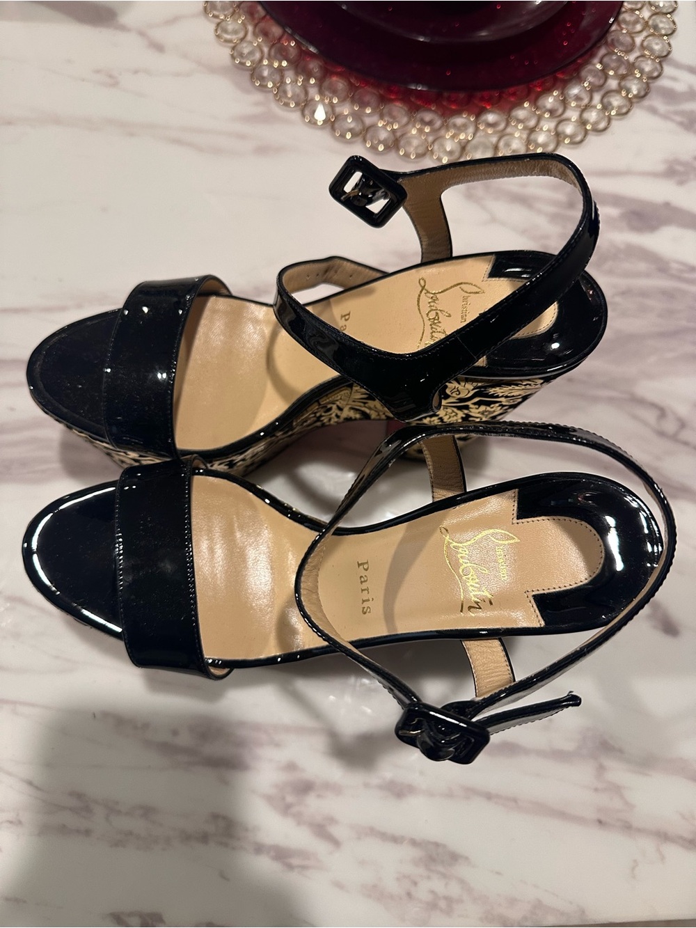 Christian Louboutin Black Patent Leather Platform Sandals with Gold Brocade - Picture 4 of 6